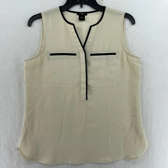 Ann Taylor Blouse Womens SP  Beige Black Lightweight Sleeveless Contrast Trim - Picture 1 of 11